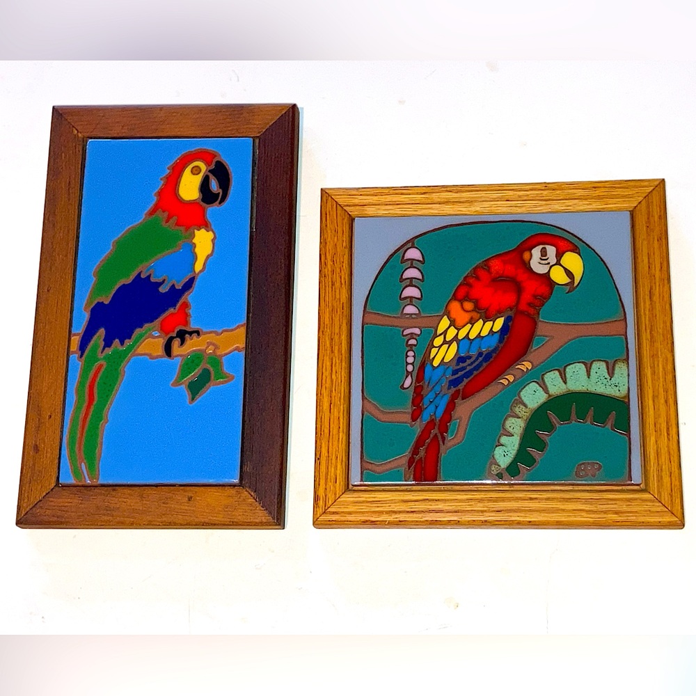 2 vintage Hand painted Framed ceramic Tile blue, red macaw parrots Elany Prusa